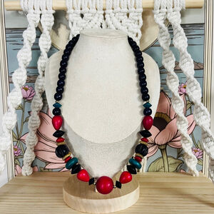 Vintage Wood & Acrylic Chunky Beaded Necklace |‎ Multicolor 1980s Style | Retro